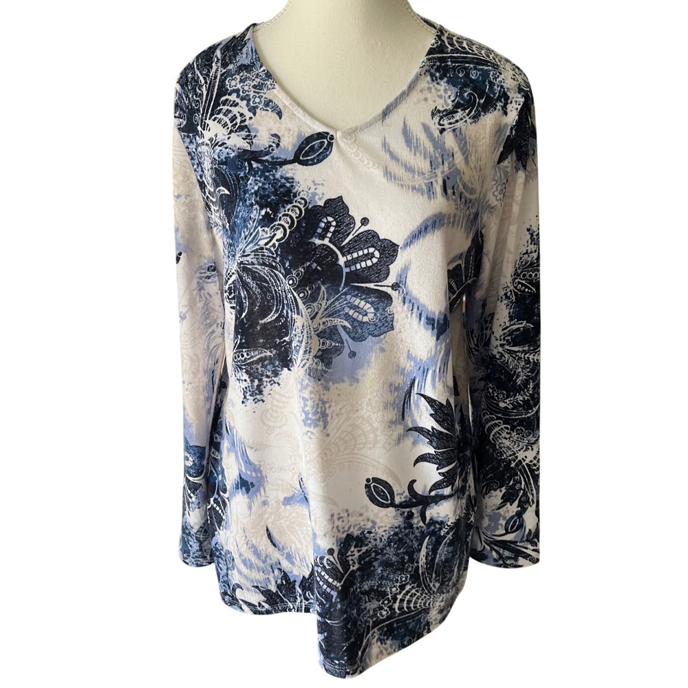 Chicos Blue White Floral Paisley V-Neck Long Sleeve Tunic‎ Top Size 1 Medium